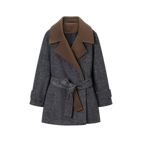 Damen Wollmix-Mantel mit Bindegürtel und großem Kontrast-Revers Drune