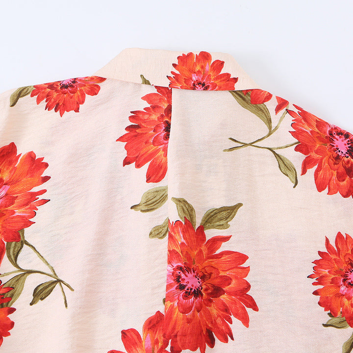 Damen Oversize-Bluse mit Blumenprint, durchgehender Knopfleiste und Dreiviertelärmeln Drune