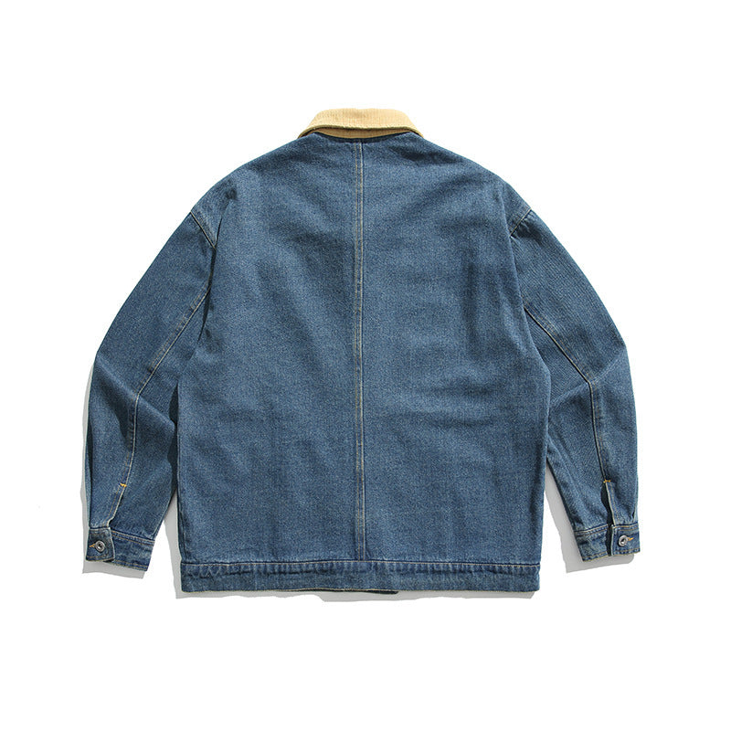 Unisex Boxy-Jeansjacke mit Cordkragen, Druckknopfleiste und Eingrifftaschen Drune