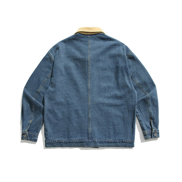 Unisex Boxy-Jeansjacke mit Cordkragen, Druckknopfleiste und Eingrifftaschen Drune