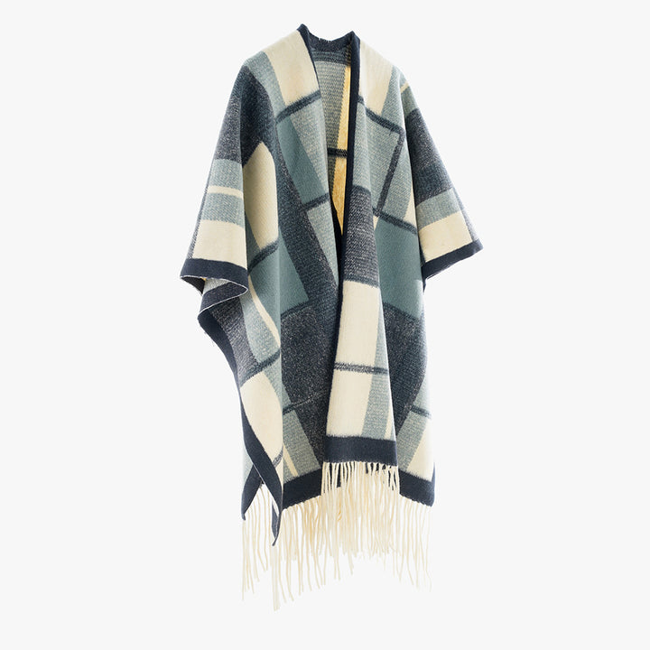 Damen Weicher Strick‑Überwurf im Kimono‑Stil mit Karomuster und Fransensaum Drune