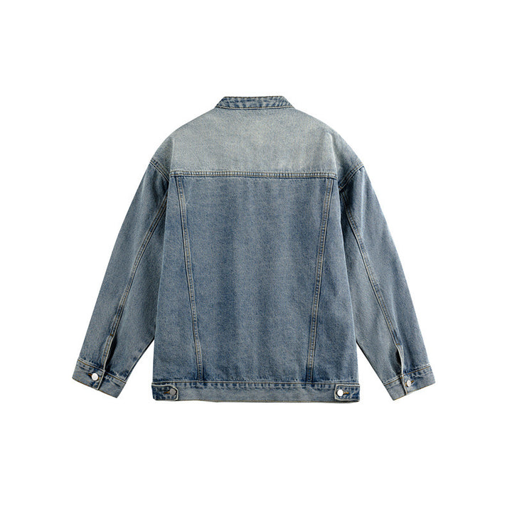 Unisex Boxy-Jeansjacke im Workwear-Stil mit geschwungener Teilnaht und Stehkragen Drune