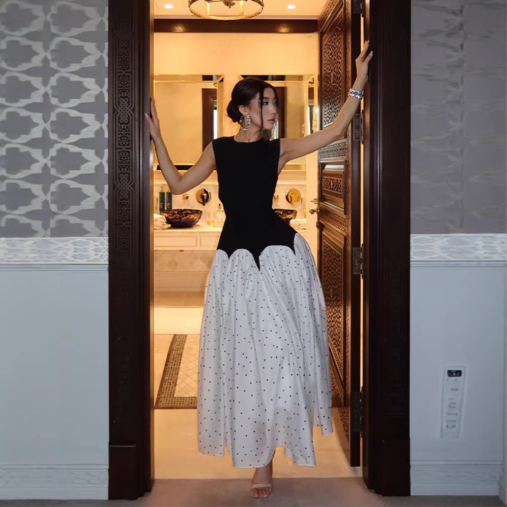 Damen elegantes Maxikleid mit gepunktetem Rockteil und tailliertem Oberteil Drune