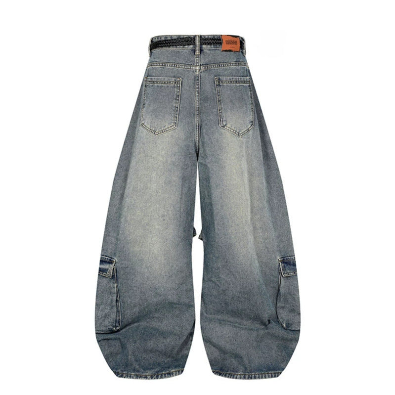 Damen Weite Denim-Cargo-Hose im Balloon-Schnitt mit großen Aufsatztaschen und geflochtenem Gürtel Drune