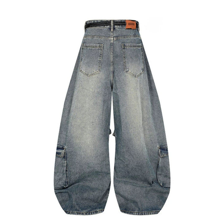 Damen Weite Denim-Cargo-Hose im Balloon-Schnitt mit großen Aufsatztaschen und geflochtenem Gürtel Drune