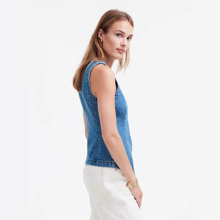 Damen Jeans-Weste mit asymmetrischem Schnitt und dekorativen Knöpfen Drune