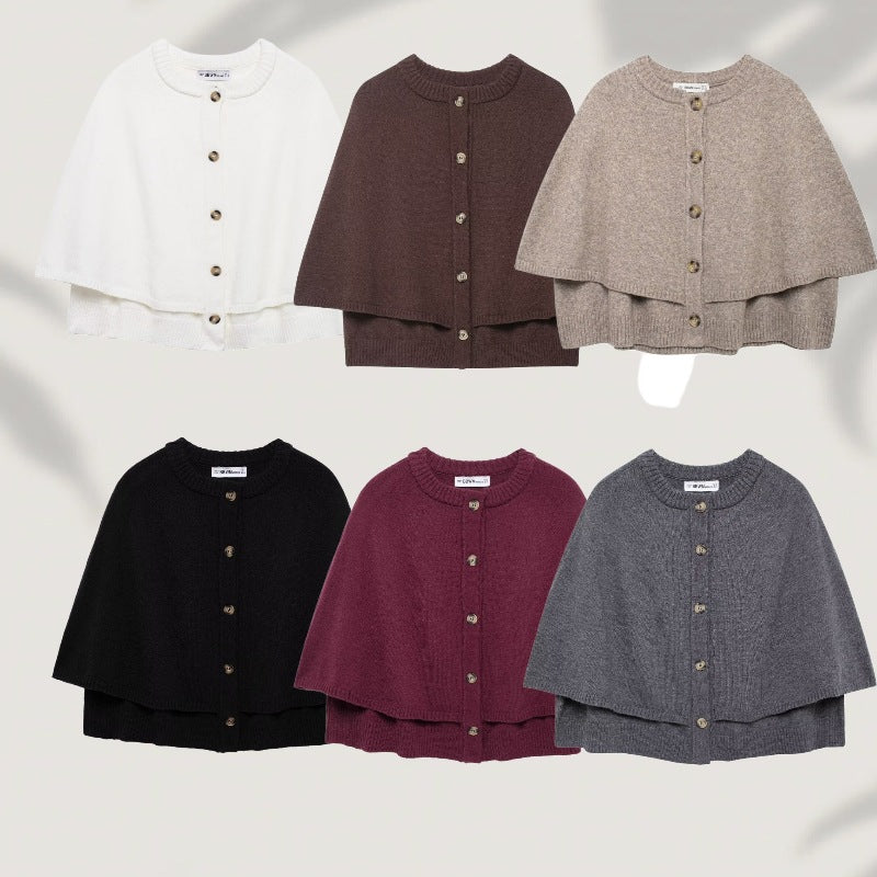 Damen Button-Front Strickcape mit doppelter Lage und Rundhalsausschnitt Drune