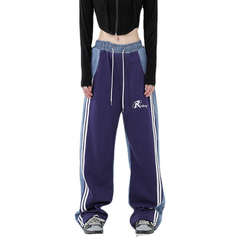 Damen nan weite Jogginghose mit Denim-Einsätzen, elastischem Bund und seitlichen Kontraststreifen Drune