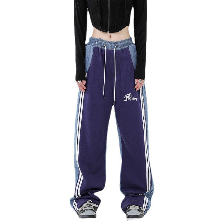 Damen nan weite Jogginghose mit Denim-Einsätzen, elastischem Bund und seitlichen Kontraststreifen Drune