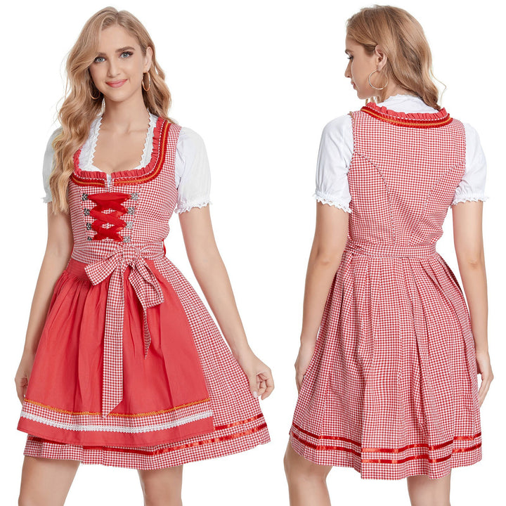 Damen nan klassisches Trachten-Dirndlkleid mit geschnürtem Mieder, herzbestickter Schürze und Vichy-Karo Rock Drune