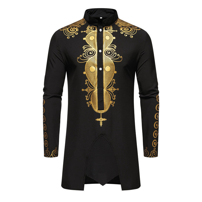 Herren Lange Tunika mit Stehkragen und goldverziertem Ornament Drune