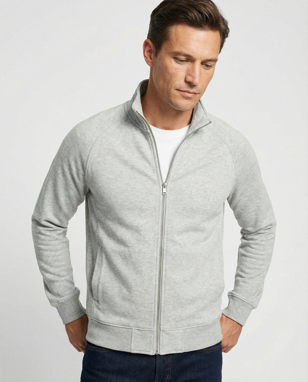 Herren strukturierte Stehkragen-Sweatjacke mit Raglanärmeln und durchgehendem Reißverschluss Drune