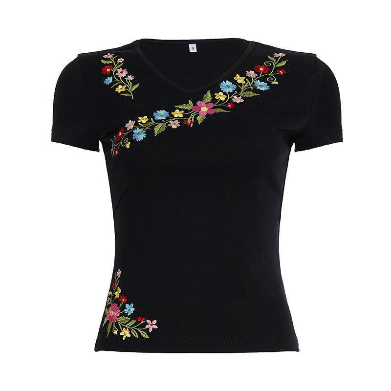 Damen V-Ausschnitt T-Shirt mit floraler Stickerei und figurbetontem Schnitt Drune