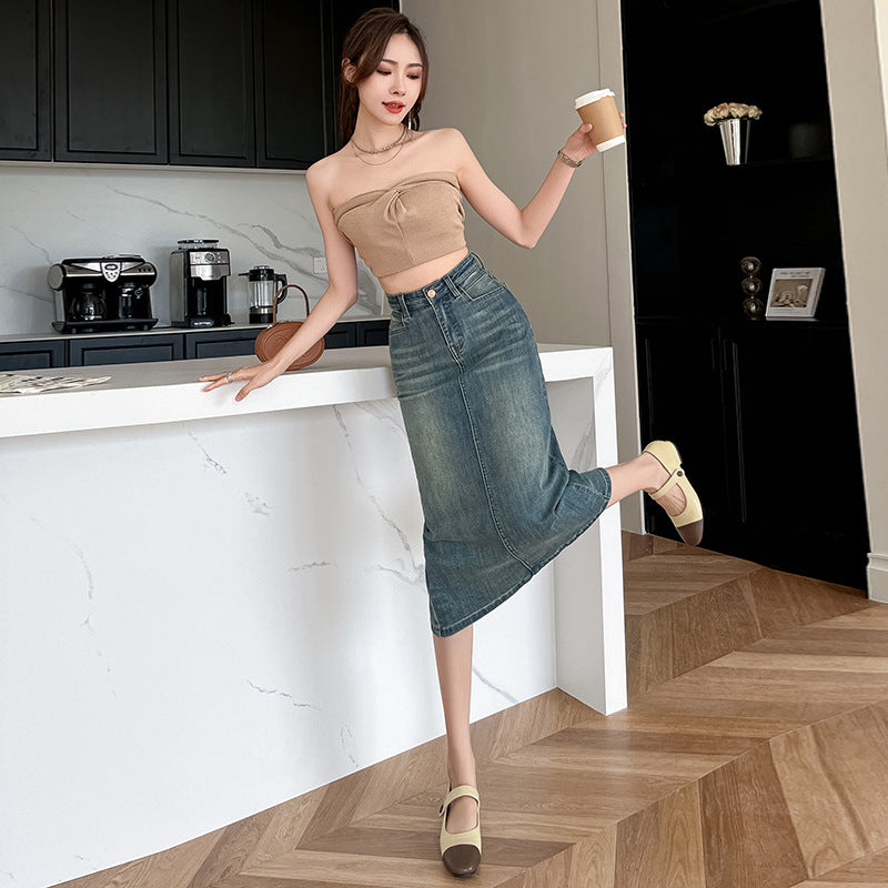 Damen Langer Denimrock mit Frontschlitz Drune
