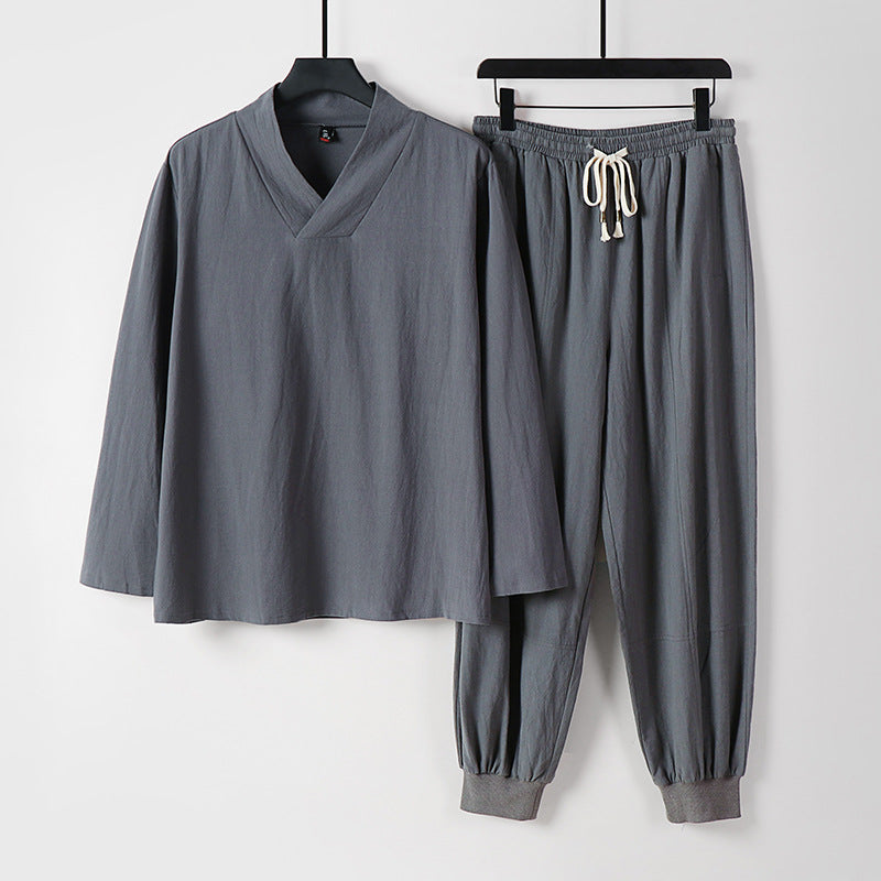 Herren Leichtes Kimono-Loungewear-Set aus Baumwollmix mit V‑Ausschnitt und elastischer Bündchenhose Drune