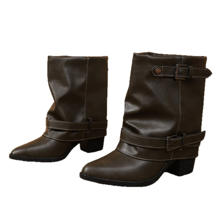 Damen halbhohe Stiefel mit dekorativen Schnallenriemen und Blockabsatz Drune