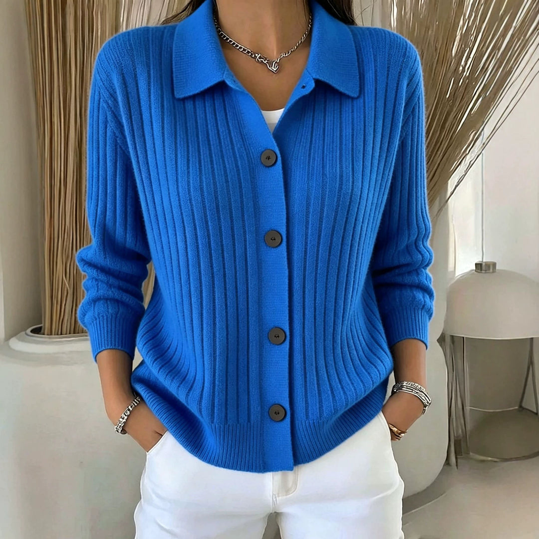 Damen Feiner gerippter Knopf‑Cardigan mit Hemdkragen und kastiger Silhouette Drune