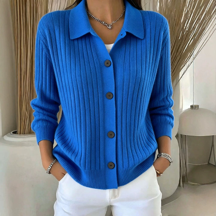 Damen Feiner gerippter Knopf‑Cardigan mit Hemdkragen und kastiger Silhouette Drune