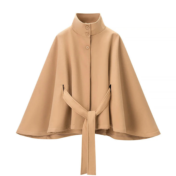 Damen nan tailliertes Cape mit Stehkragen, Knopfverschluss und Bindegürtel Drune