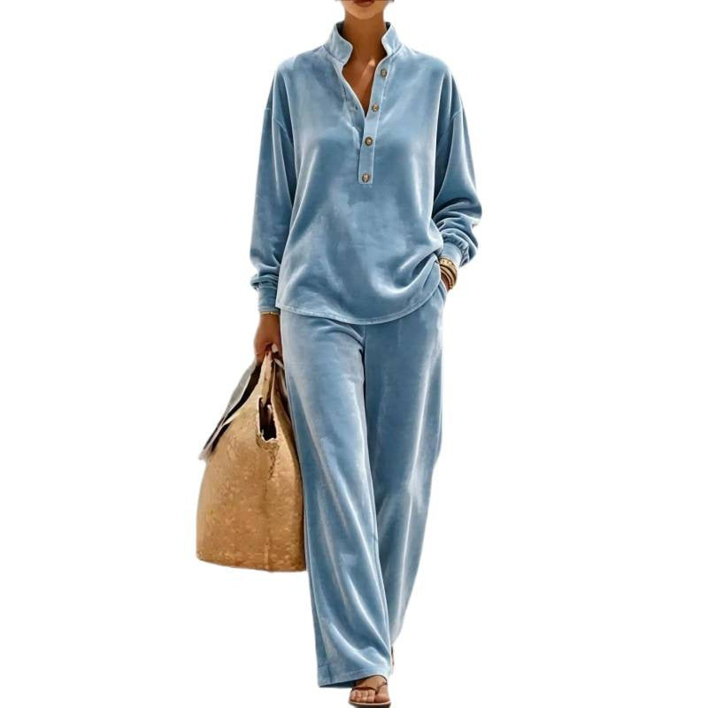 Damen Velours-Loungewear-Set mit Stehkragen-Henleytop und weiter Palazzohose Drune