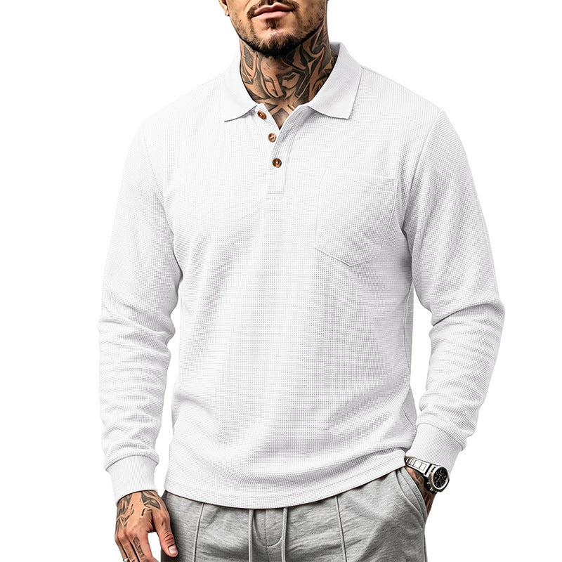 Herren Waffelstrukturiertes Langarm-Poloshirt mit Brusttasche und Holzknopfleiste Drune