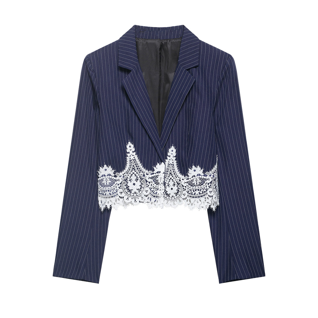 Damen Kurzblazer im Nadelstreifen mit Spitzenbordüre und tailliertem Schnitt Drune