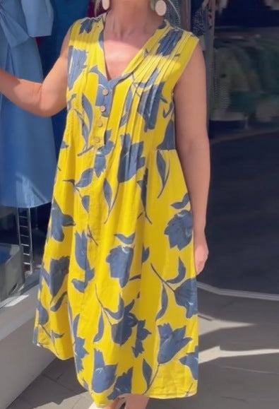 Damen nan lässiges V-Ausschnitt-Midikleid mit Brustpasse, senkrechten Falten und dekorativer Knopfleiste Drune
