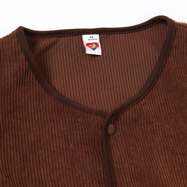 Damen Cropped Rundhals-Cardigan mit Druckknöpfen aus geripptem Strick Drune