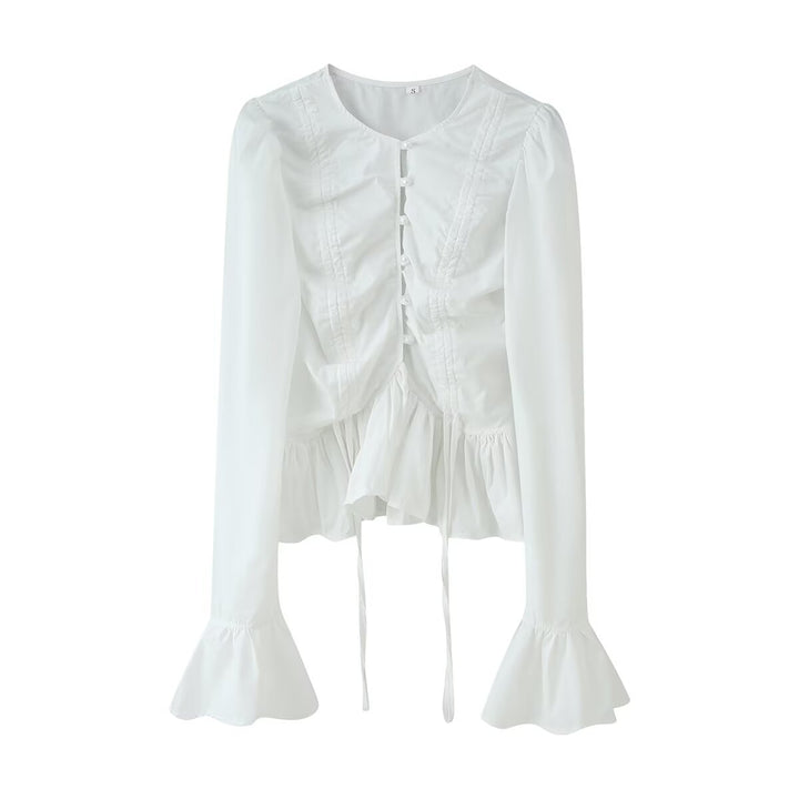 Damen Rüschenbluse mit Kordelzug‑Frontraffung, Volant‑Saum und Glockenärmeln Drune
