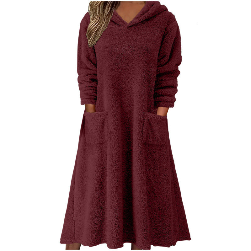 Damen Kuscheliger Fleece-Kleid mit Kapuze und praktischen Taschen Drune