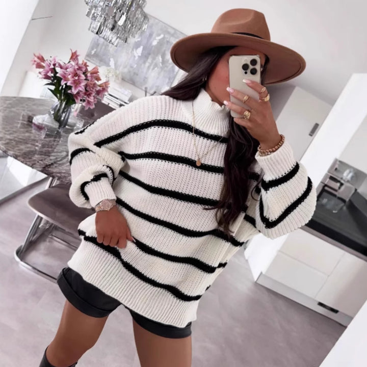 Damen gestreifter Oversized-Pullover mit modischem Rollkragen Drune