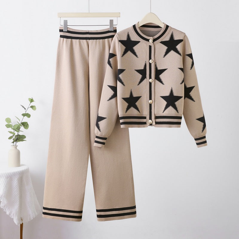 Damen modisches Strick-Loungewear-Set mit Sternenmuster und kontrastierenden Details Drune