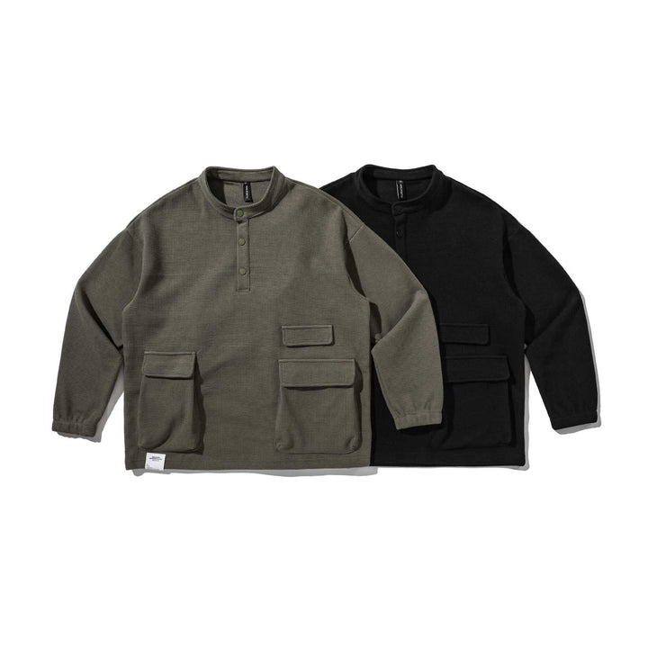 Herren Waffelstrick-Henley-Pullover mit Stehkragen, Druckknopfleiste und großen Utility-Taschen Drune