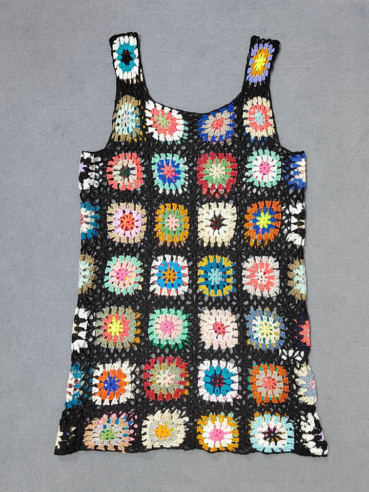 Damen luftiges Häkelkleid mit buntem Granny-Quadrat-Muster Drune