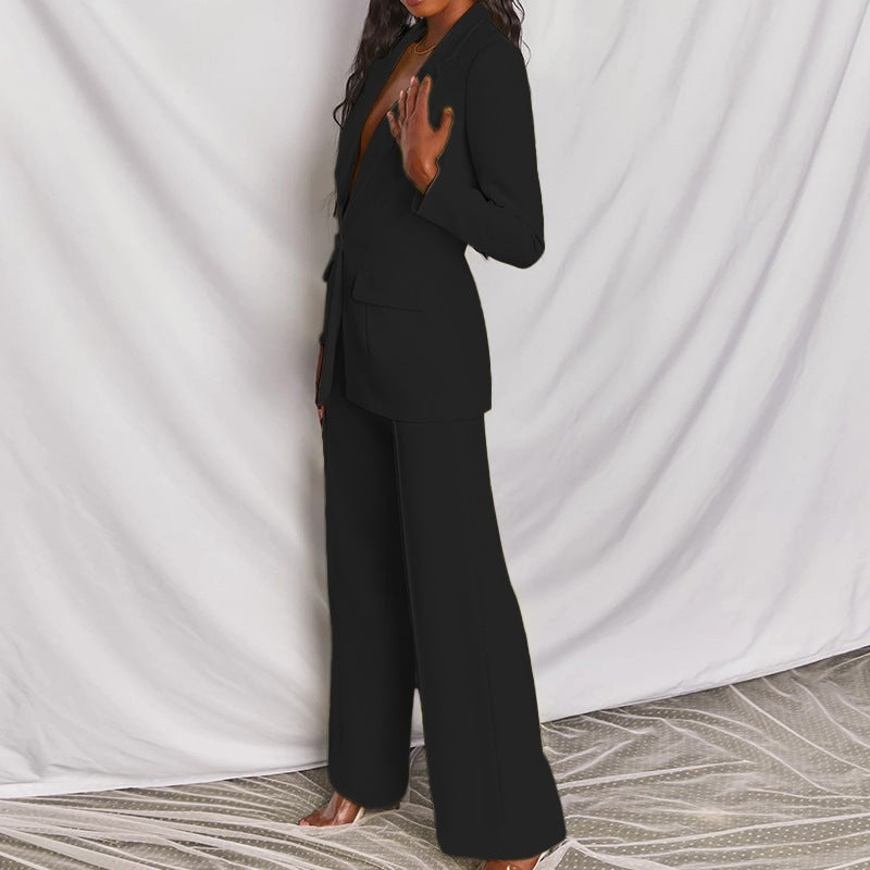 Damen nan eleganter Longline-Blazer mit tiefem V-Ausschnitt und weitem Palazzo-Hosenanzug Drune
