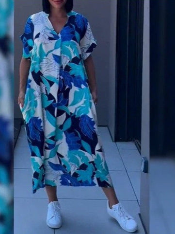 Damen luftiges V-Ausschnitt Strandkleid mit Taschen Drune