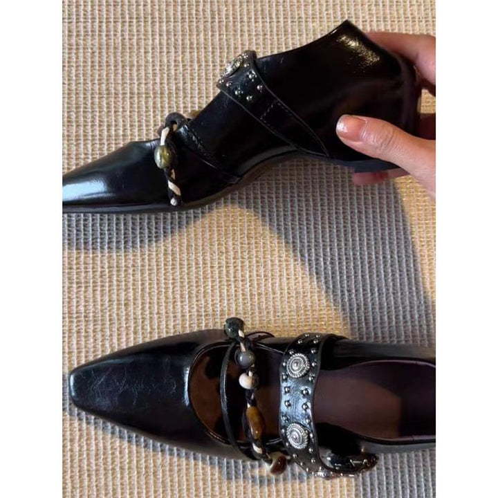 Damen elegante quadratische Mules mit niedrigem Blockabsatz, Zierriemen und Perlenapplikation Drune