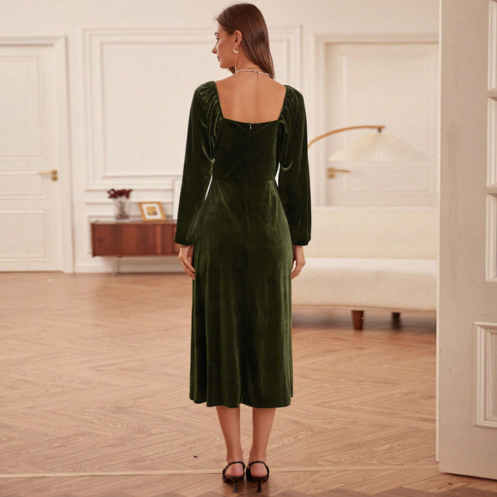 Damen elegantes Samt-Midikleid mit quadratischem Ausschnitt, geraffter Brustpartie und ballonartigen Ärmelabschlüssen Drune