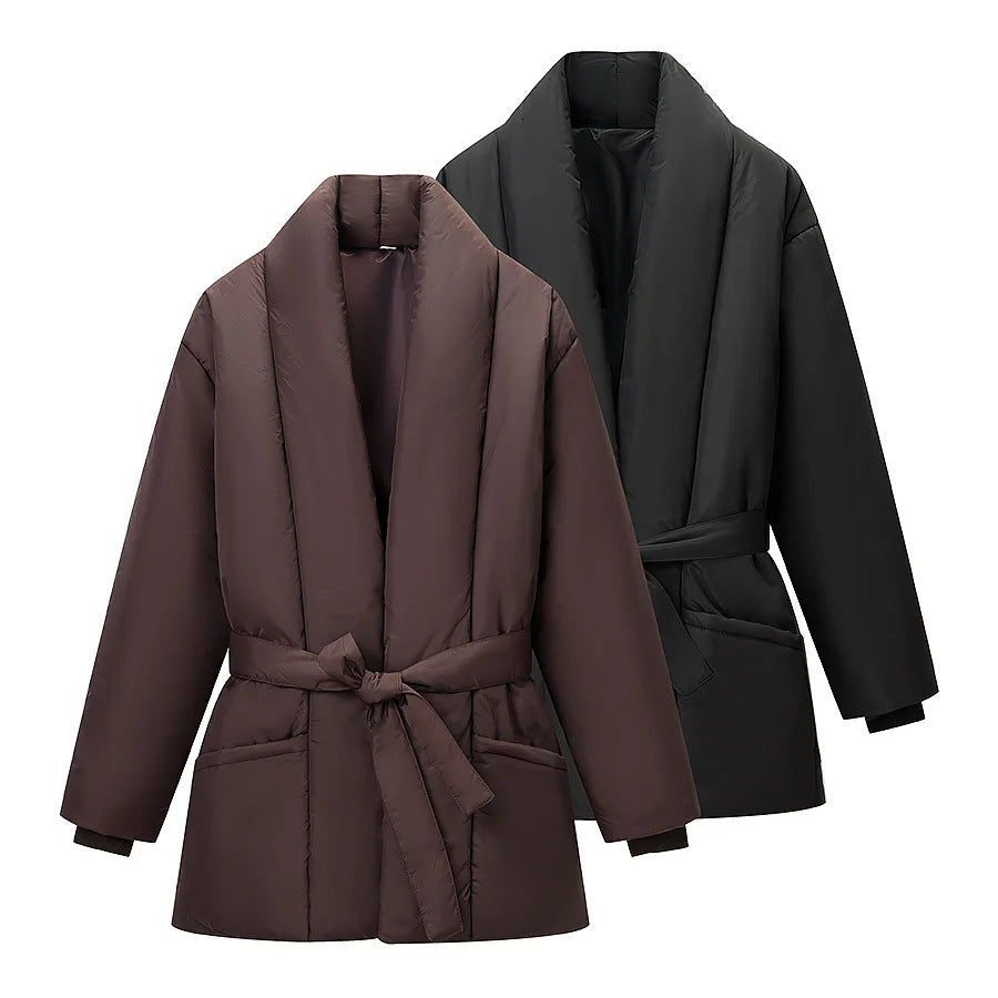 Damen nan wattierte Jacke mit Schalkragen, Bindegürtel und aufgesetzten Taschen Drune