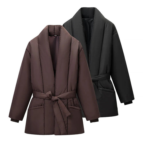 Damen nan wattierte Jacke mit Schalkragen, Bindegürtel und aufgesetzten Taschen Drune