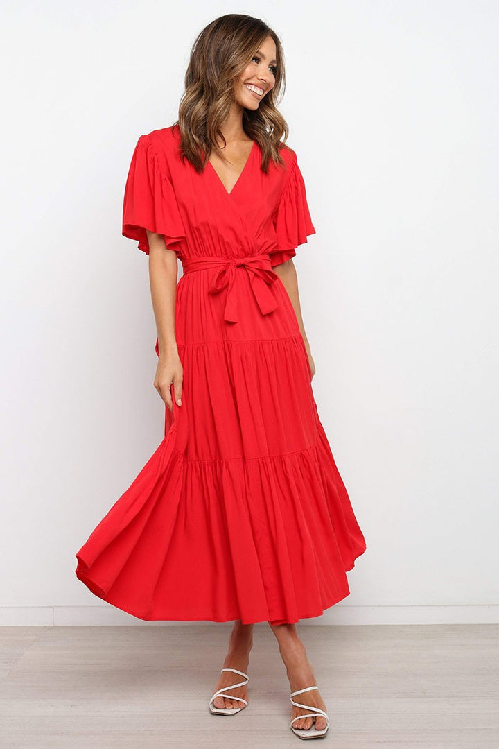 Damen Fließendes Maxi-Kleid mit Wickelbindung und Schmetterlingsärmeln Drune