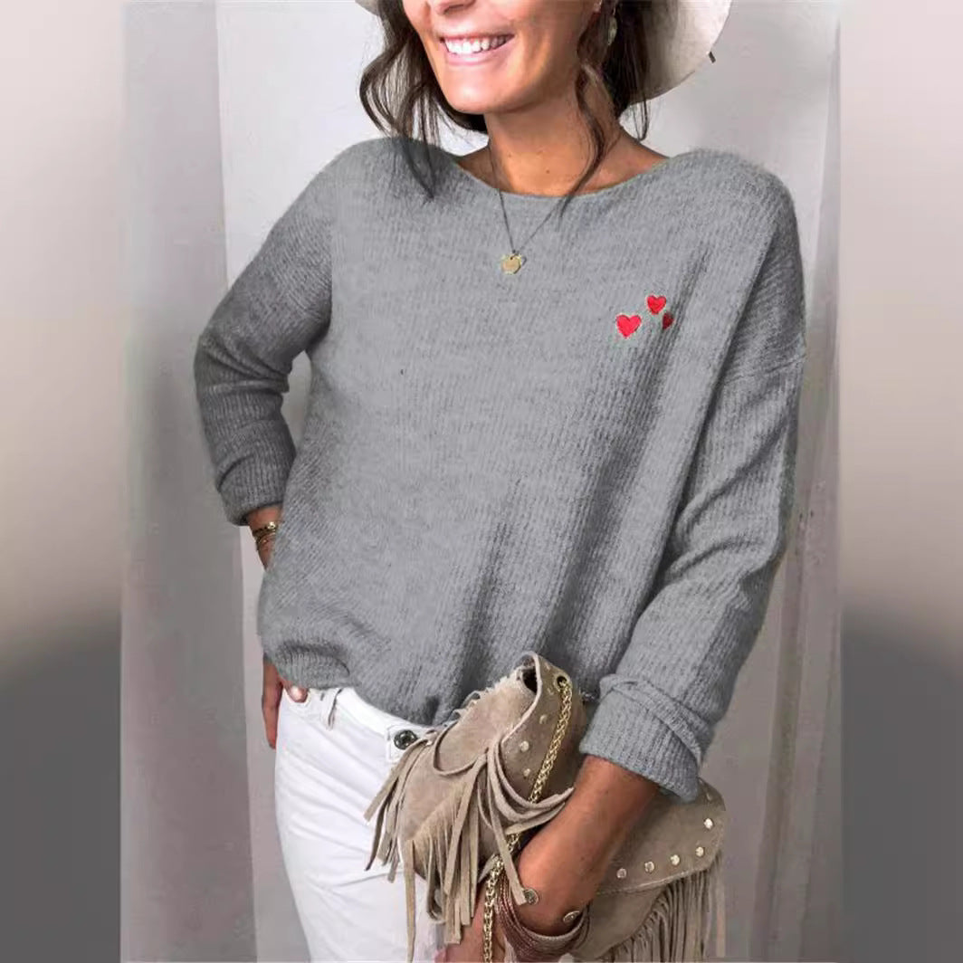 Damen Oversize Strickpullover mit Herz-Stickerei und weitem Boot-Ausschnitt Drune