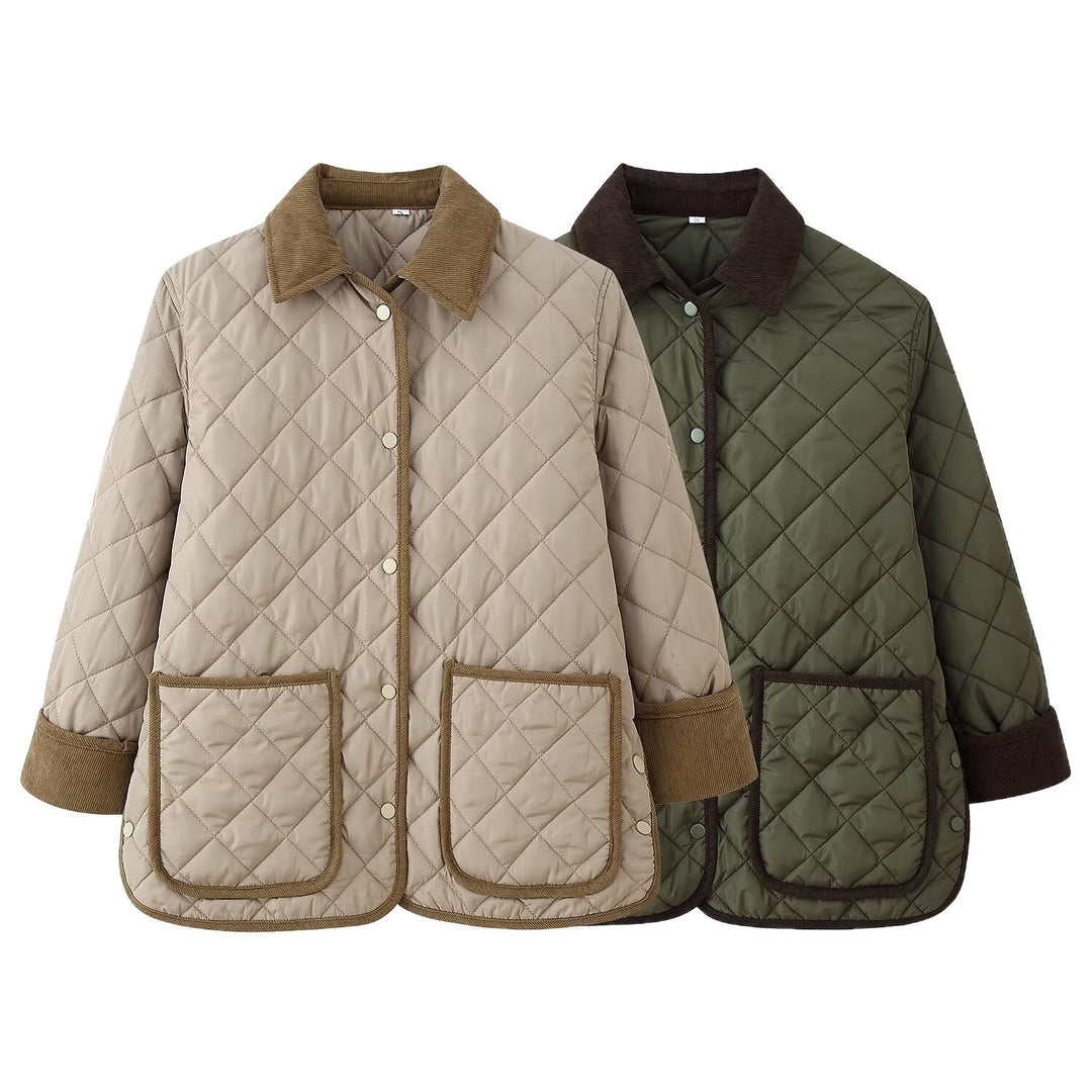 Damen Steppjacke mit Kordkragen, Pattentaschen und Druckknopfverschluss Drune