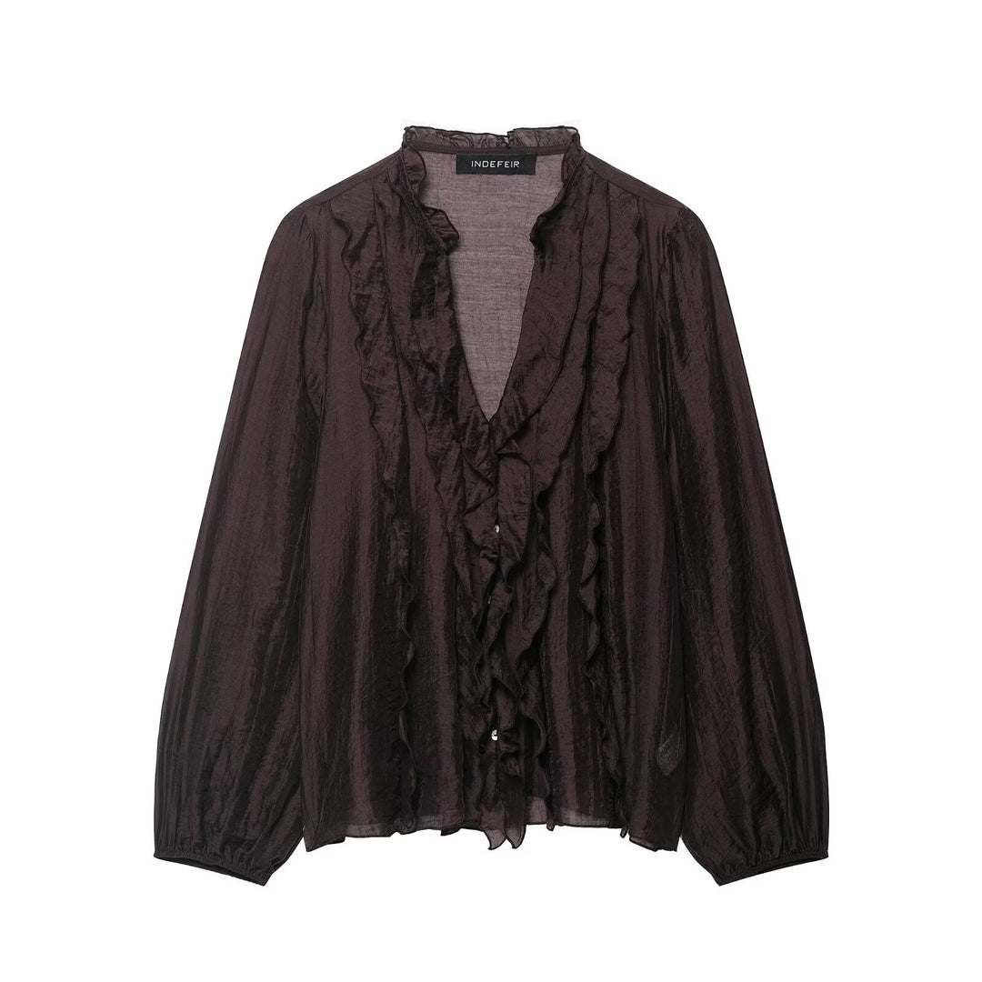 Damen Leichte Chiffon-Bluse mit Volantknopfleiste und Ballonärmeln Drune