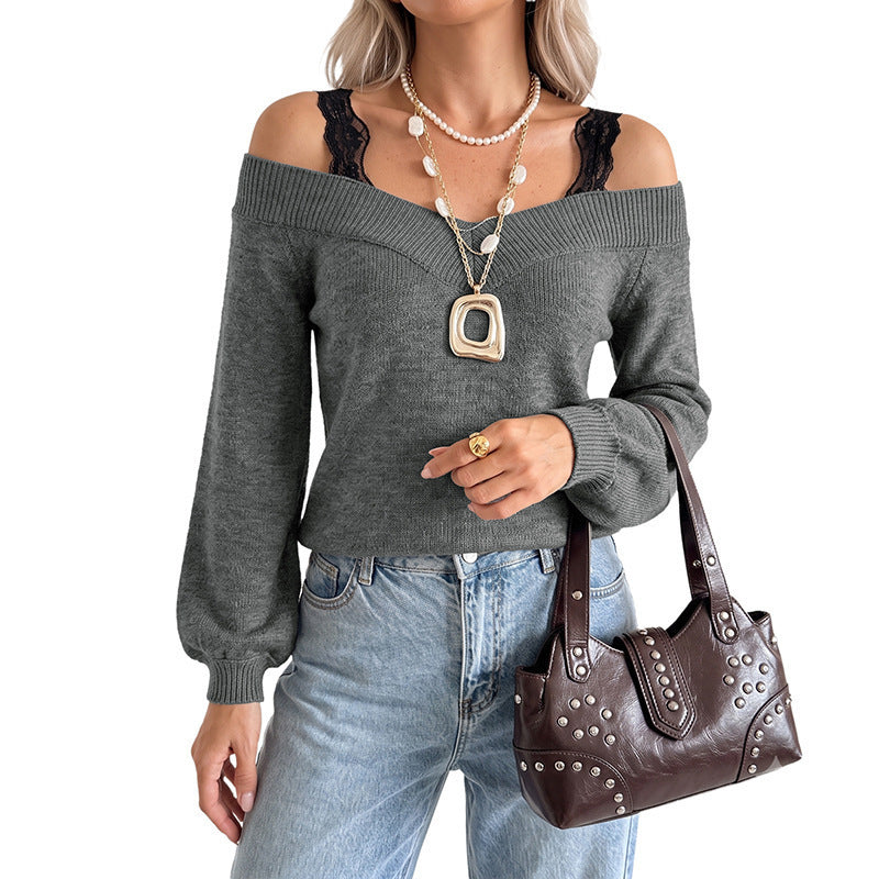 Damen Eleganter Off-Shoulder Pullover Drune