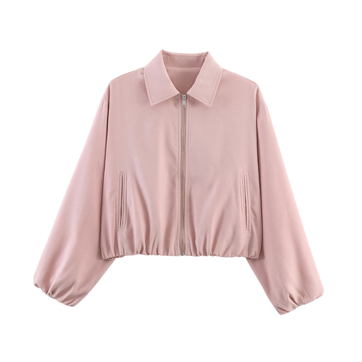 Damen Cropped Bomberjacke mit Ballonärmeln, elastischem Saum und Reverskragen Drune