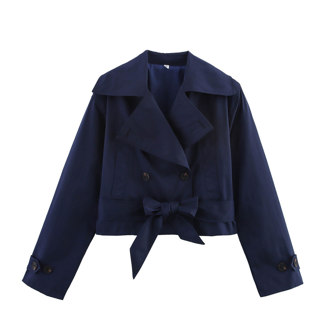 Damen Cropped Trenchjacke mit breitem Revers, Taillengürtel und Doppelknopfreihe Drune