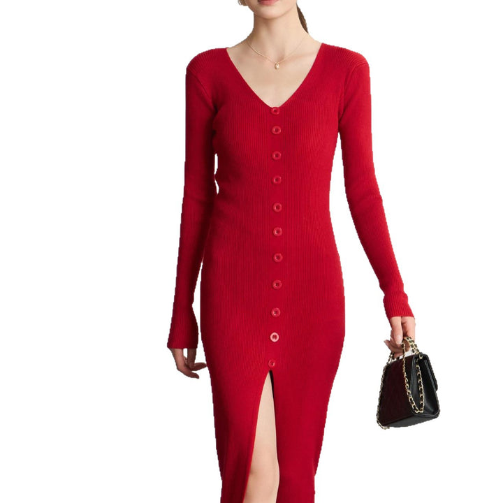 Damen Langärmliges Maxikleid mit Rippstruktur und Knopfdetail Drune