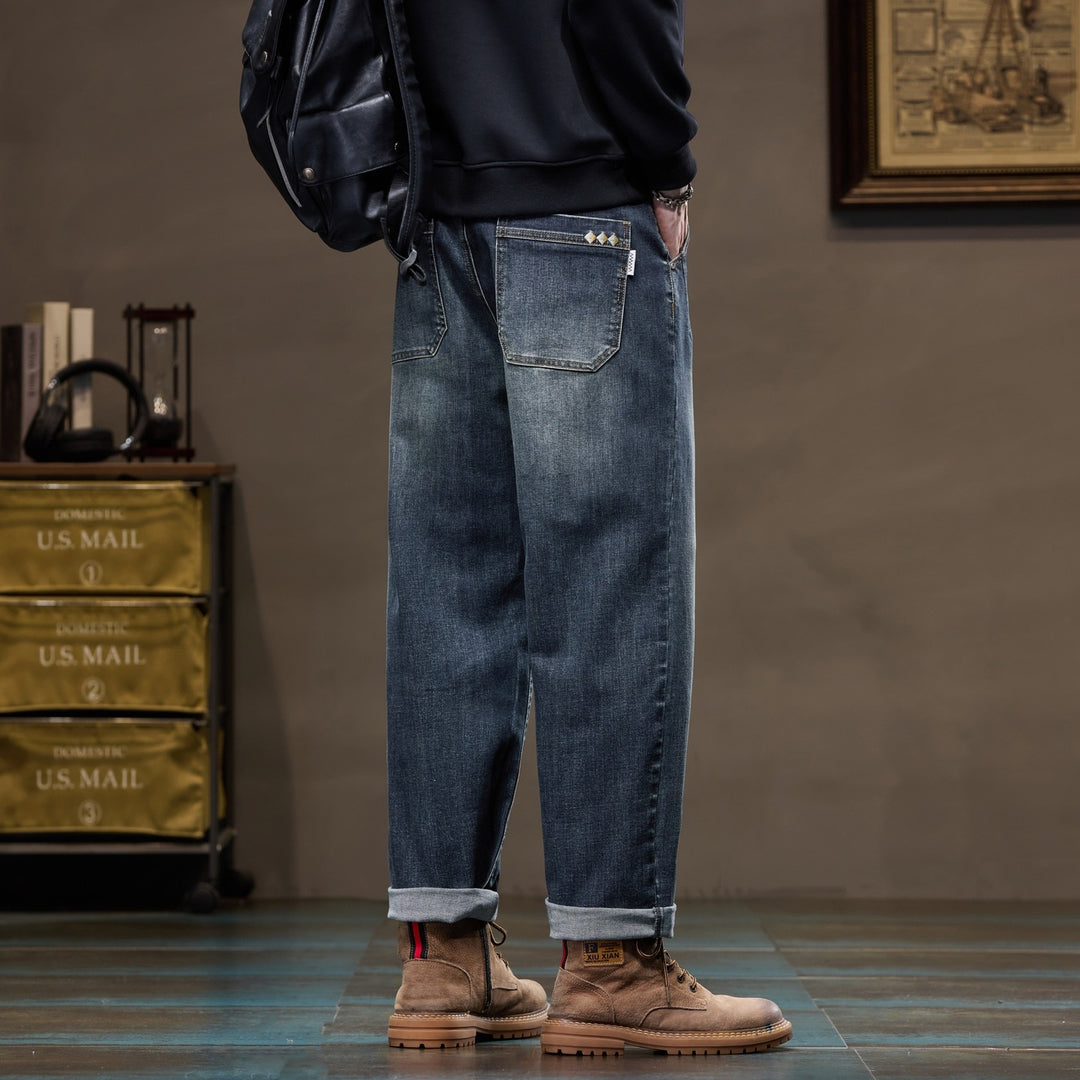 Herren Weite gerade geschnittene Denim-Jeans mit Used‑Wash und Umschlagbund Drune