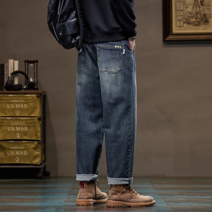 Herren Weite gerade geschnittene Denim-Jeans mit Used‑Wash und Umschlagbund Drune